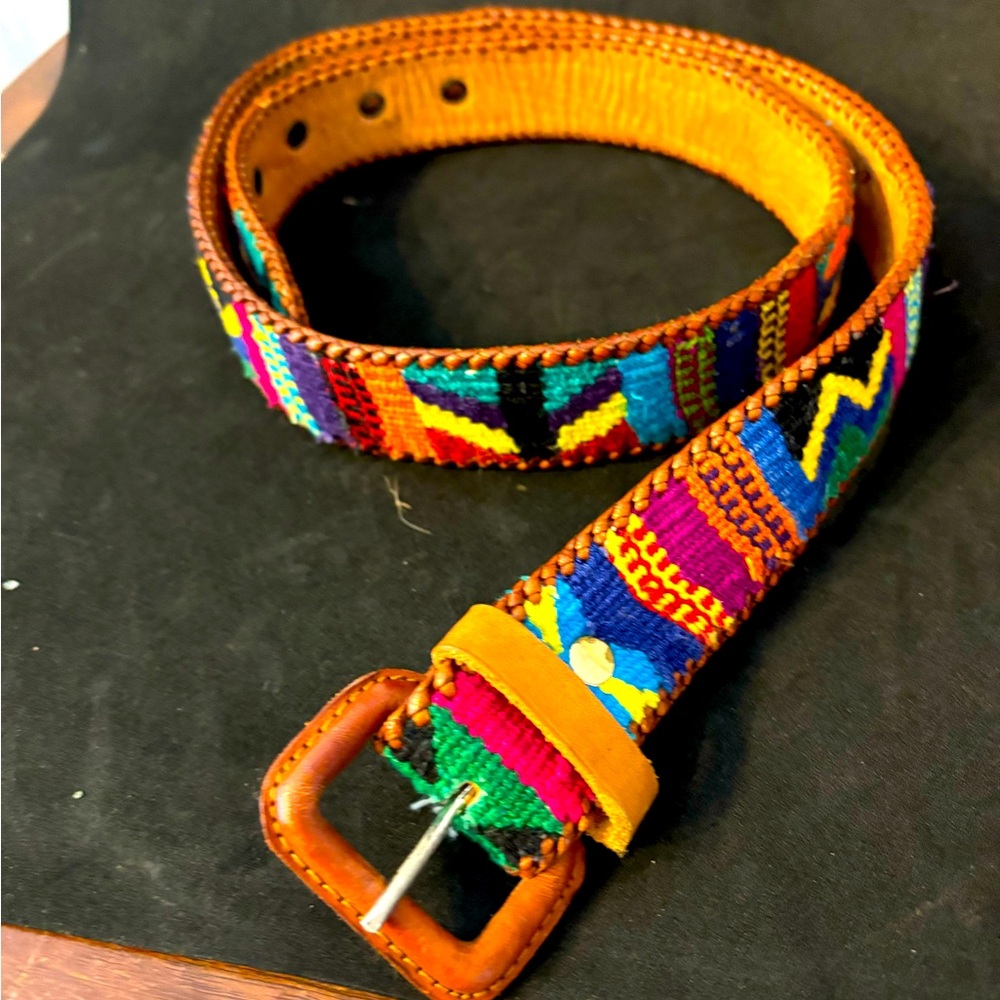 Native woven tapestry colorful leather belt western size women’s 34”